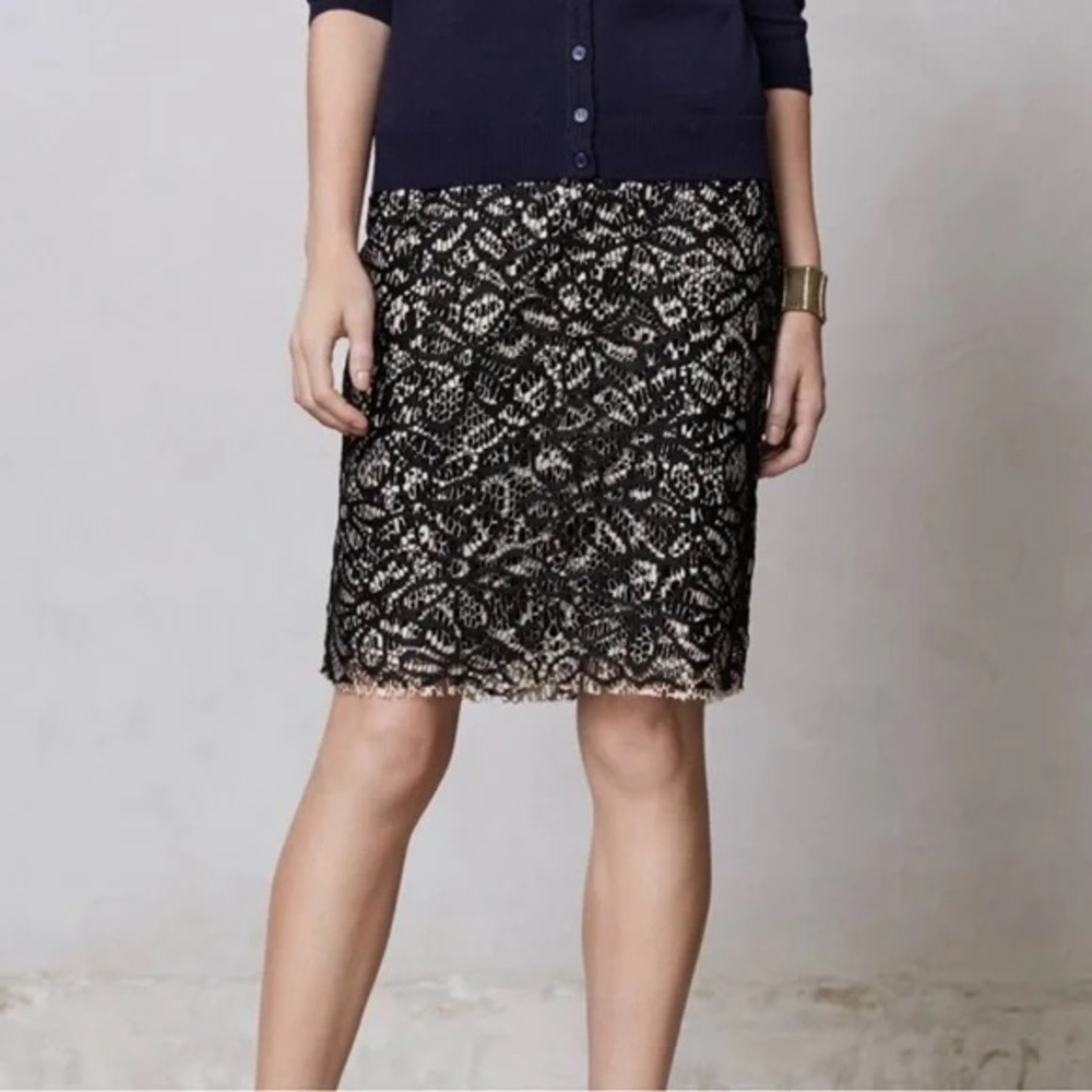Weston Wear for Anthropologie Black Cream Layered Lace Back Zip Pencil Skirt XS